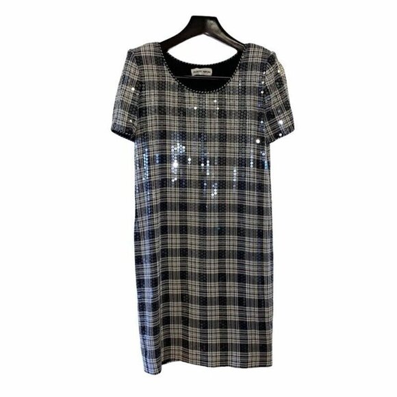 Albert Nipon Sheath Dress Black Plaid Sequin 4 - Picture 1 of 8